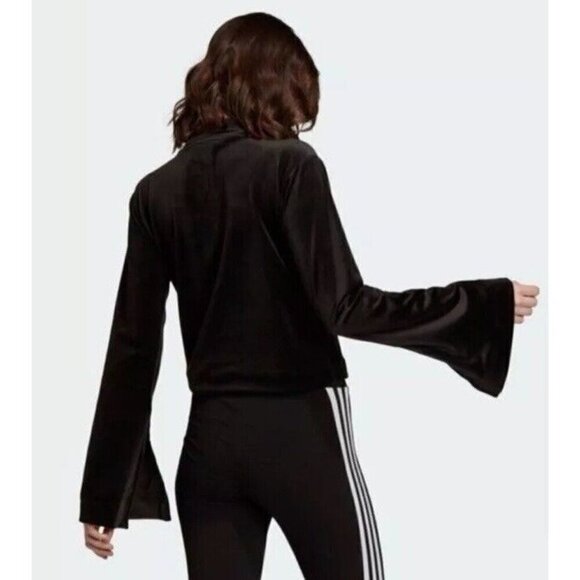 Adidas Woman's Sz M Bellista Sweater Black Velvet Trefoil Logo Flared Long Slvs - Picture 2 of 9
